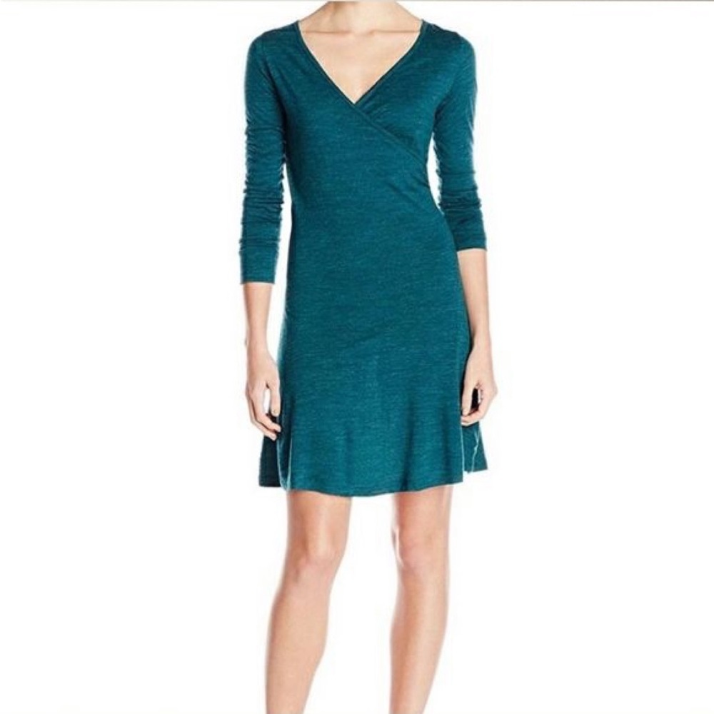 𝅺PRANA Nadia Blue Wool Faux Wrap Short Sleeve Mini Dress Size XL Flare